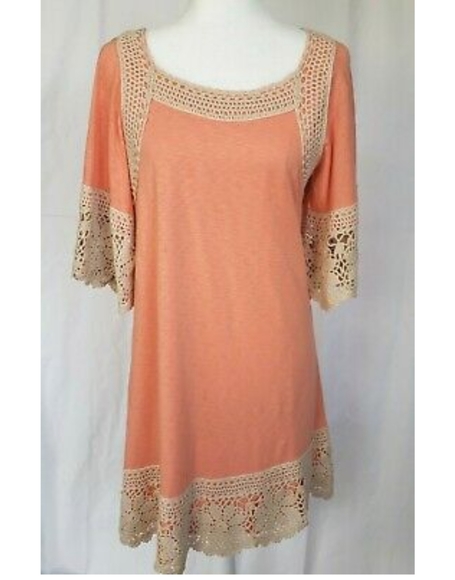 Anthropologie In Peach Crochet Sleeve Shift Dress - Picture 2 of 7